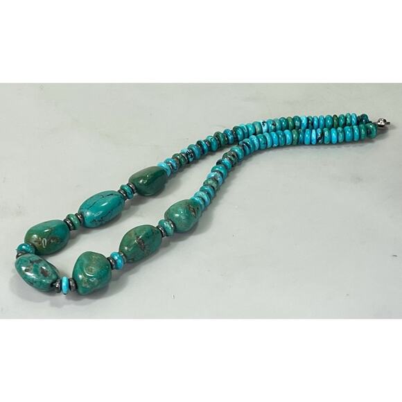 VTG Southwest Carved Heishi Turquoise Bead Necklace Sterling 925 Spacers 80.8g - Picture 6 of 16